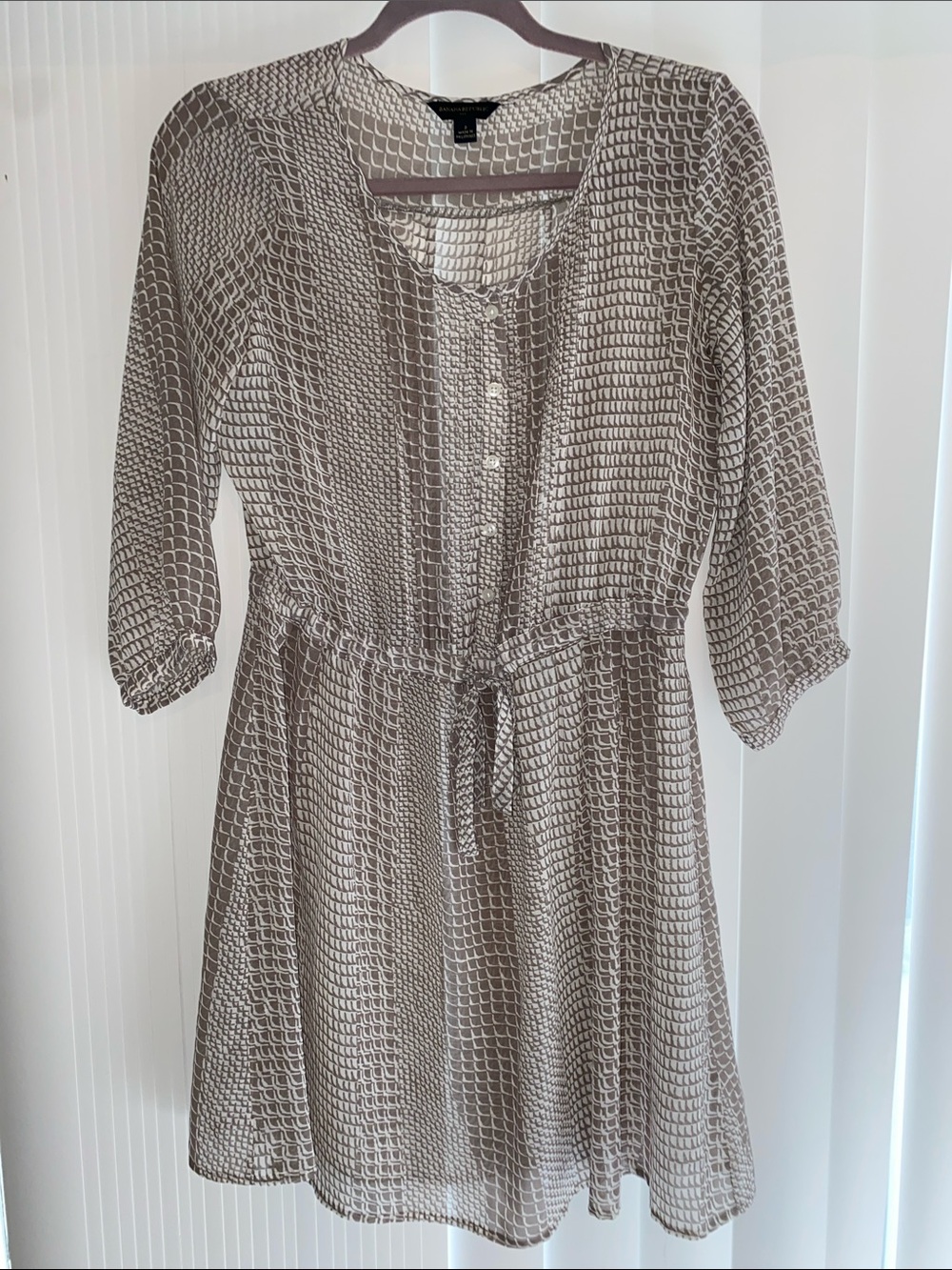 Banana Republic Taupe and White Geometric Tie-Waist Midi Dress